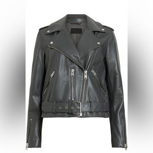 ALL SAINTS Balfern Leather Moto Jacket in City Smoke Grey Size UK 14/US 10
